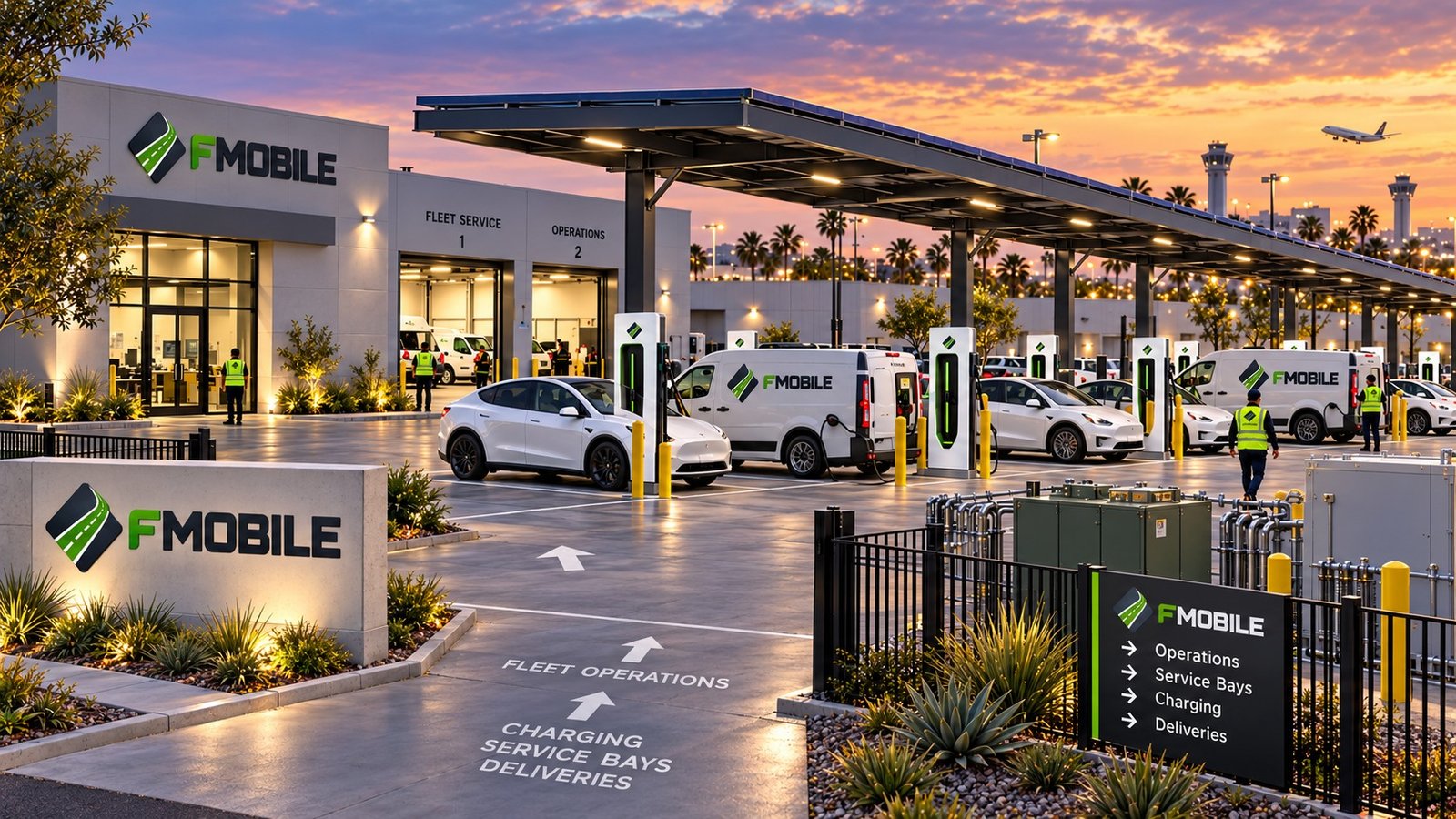 Illustrative FMobile airport-adjacent EV fleet hub concept